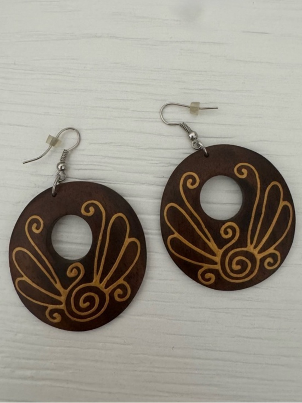 Handcrafted Wooden Hoop Earrings with Golden Scroll Design